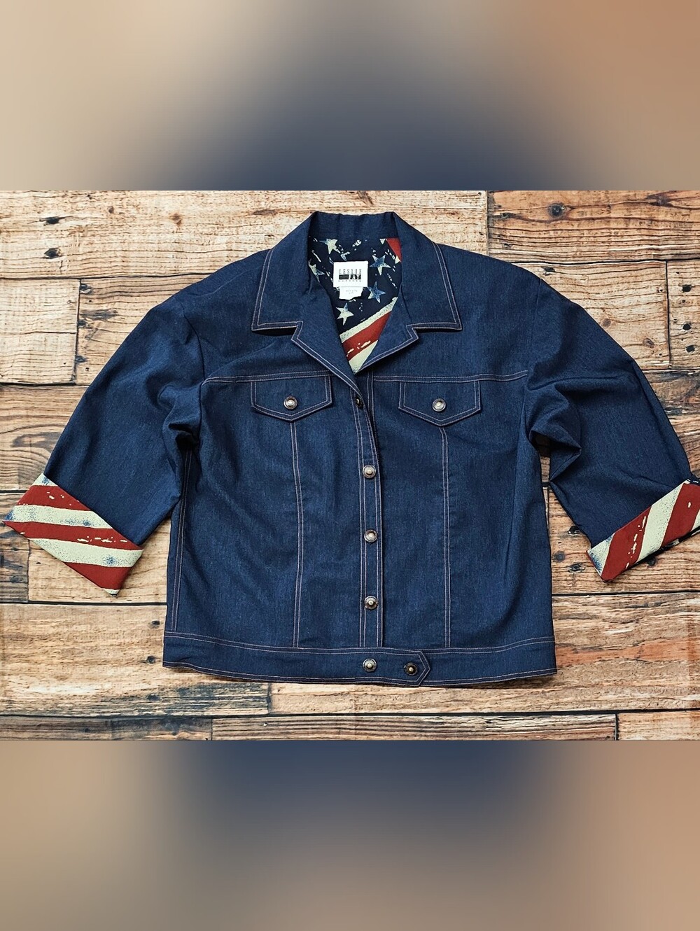 Vintage Leslie Fay Denim Jacket American Flag Lined & 3/4 Cuffs  Sleeve Size 12